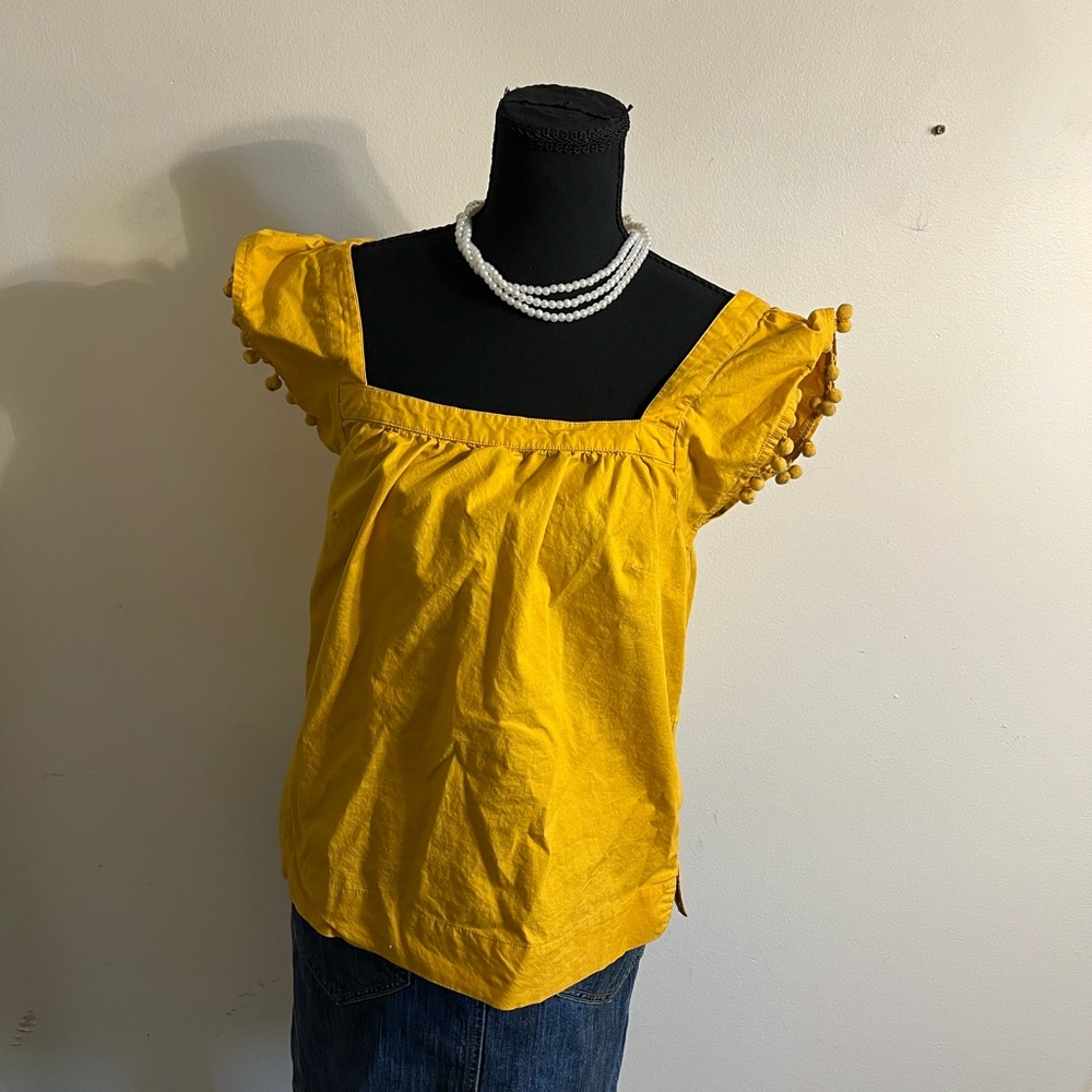 J Crew Yellow Square-Neck Pom Pom Sleeve Women's Top